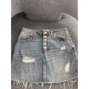 RSQ Distressed Denim Mini Skirt Button‎ Front Raw Hem Blue Jean Skirt